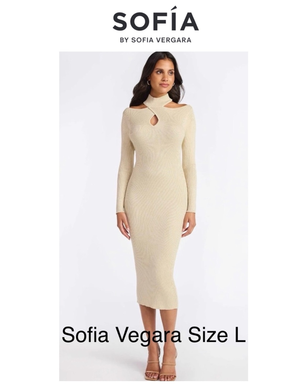 6/$20 Sofia Vergara Cream Twist Front Cutout Ribbed Midi Sweater Dress NWT L